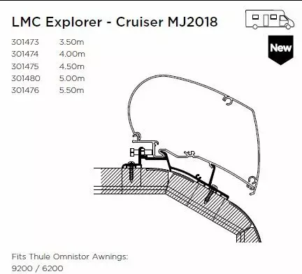 Thule kiinnityssarja LMC 5,0 m Explorer - Cruiser MJ2018 9- ja 6- sarja - Kattokiinnikkeet markiisiin - 301480 - 1