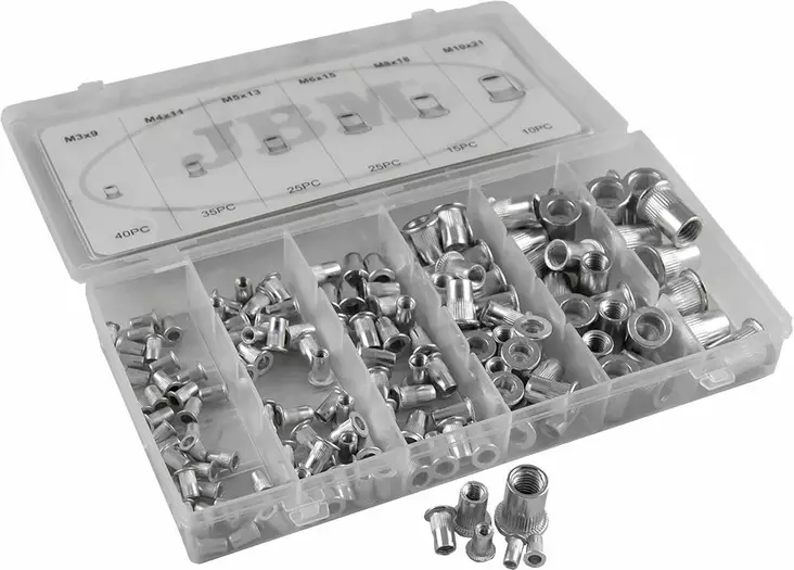 JBM alumiini niittimutterilajitelma 150-osaa M3-M10 - Pientarvikevalikoimat - 50-53361 - 1