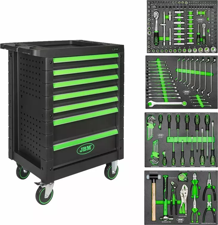 JBM työkaluvaunu työkaluilla 7 laatikkoa 172 osaa vihreä - Työkaluvaunut työkaluilla - 50-53904 - 1