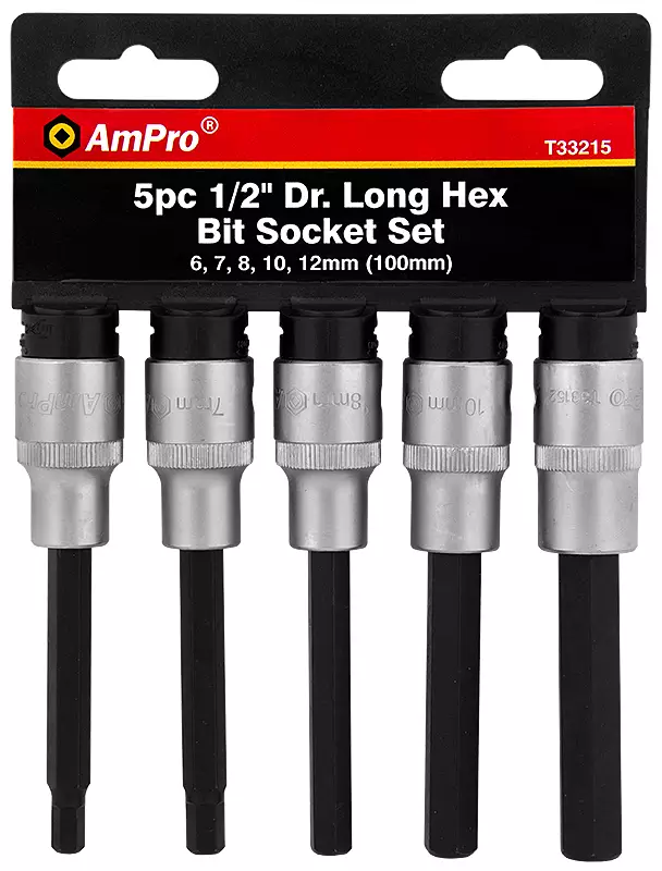 5 osainen pitkä kuusiokolohylsysarja 1/2" vääntiöllä - Hylsysarjat - T33215 - 2