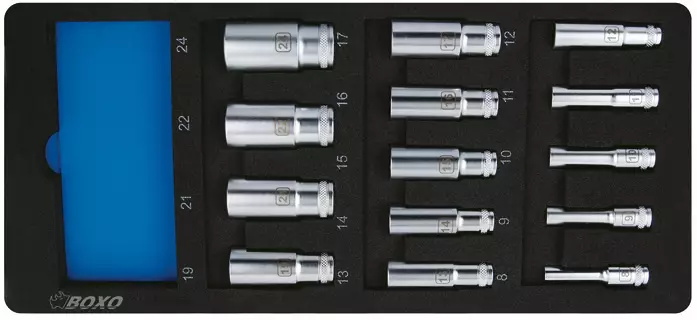Hylsyavainsarja 3/8" Työkaluvaunuun pitkät Boxo 8-24 mm - Työkalumoduulit työkaluvaunuihin - 284-BX016 - 1