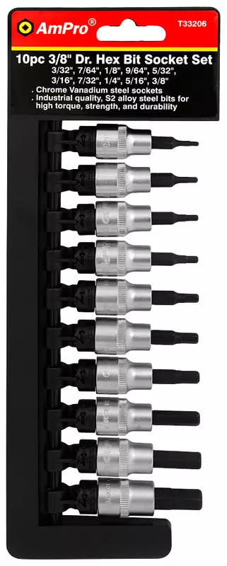 Tuumakokoinen 10 osainen kuusiokolohylsysarja 3/8" vääntiöllä - Hylsysarjat - T33206 - 2