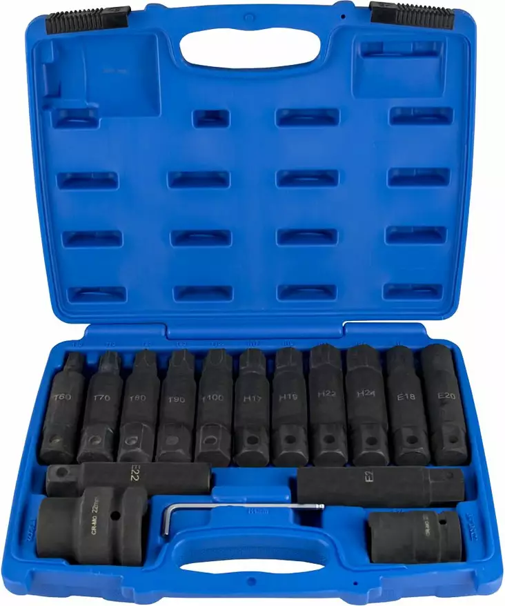 JBM 3/4" + 1" voimakärkihylsysarja kuusiokolo, e-torx, torx 16 osaa - Hylsysarjat - 50-51028 - 1