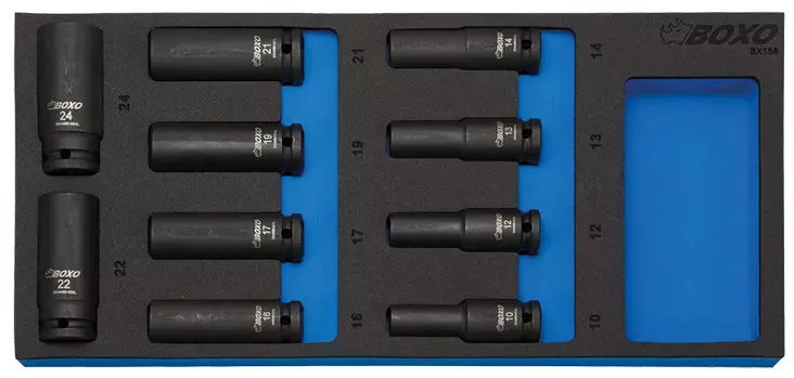Konehylsysarja 1/2" pitkät 10-24mm Boxo vaunuun - Hylsysarjat - 284-BX158 - 1