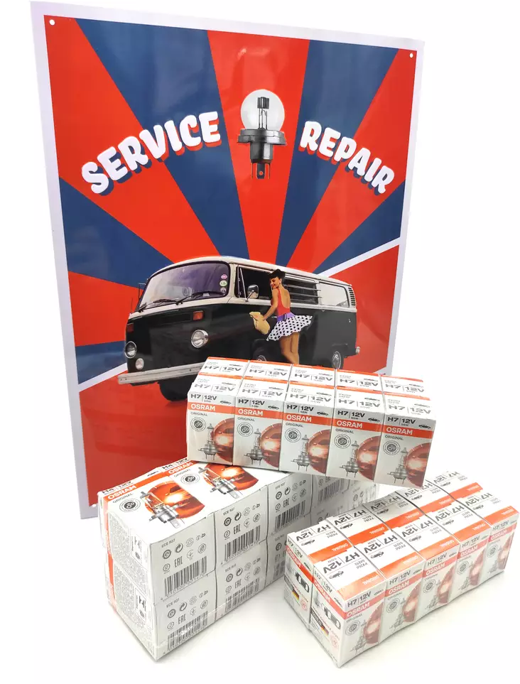 Osram tuotepaketti, retro-kyltti, Osram Original H7 20 kpl, H4 10 kpl - Auton polttimot - OS510678 - 1