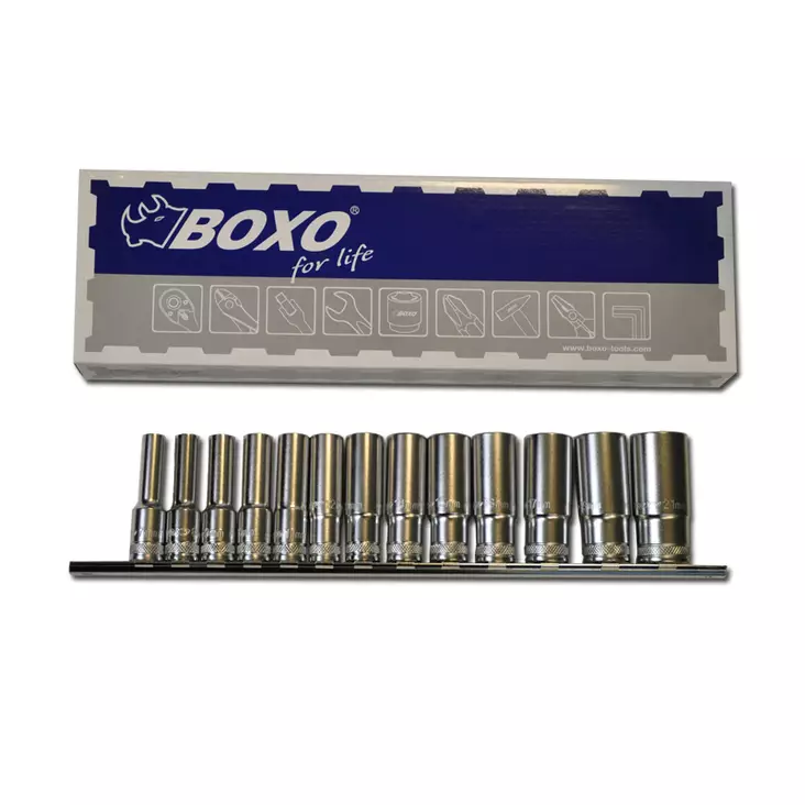 Hylsysarja 3/8" pitkät Kiskossa 7-21 mm Boxo - Hylsysarjat - 284-B33-3013RL - 1